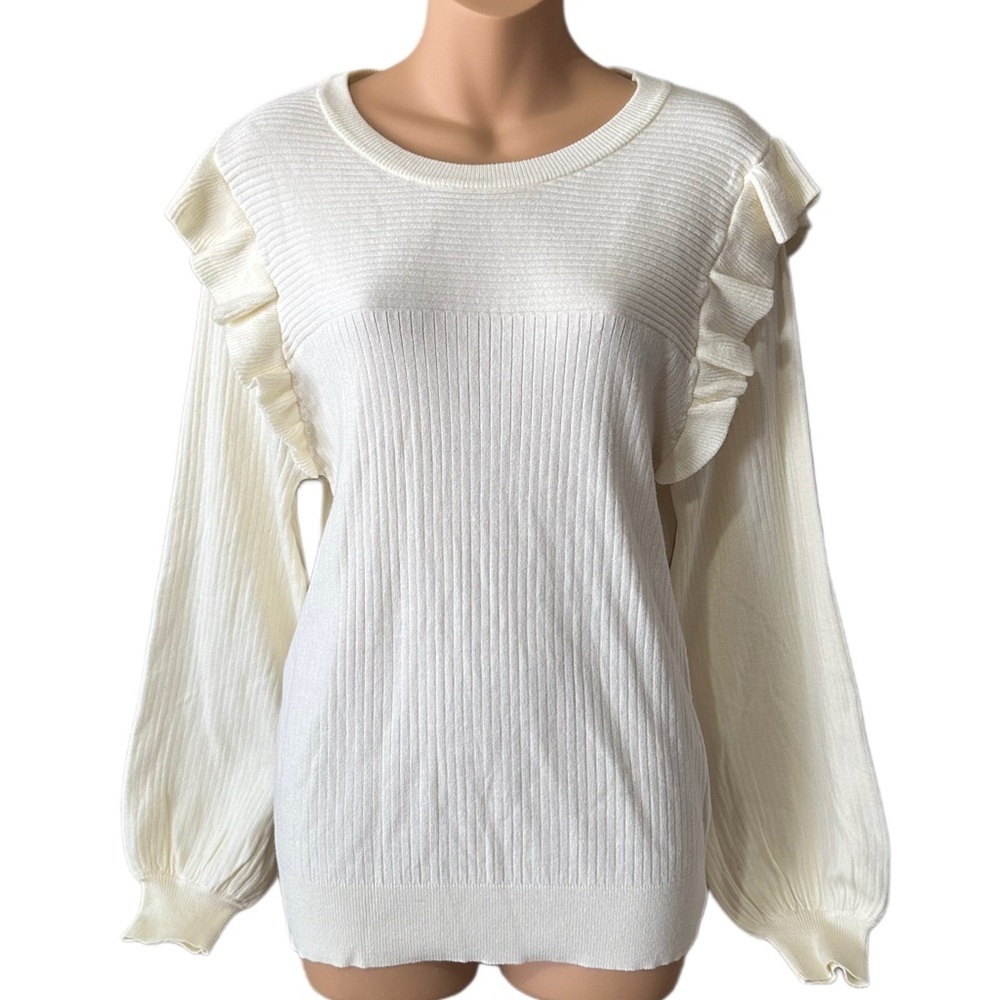 Shop the Mint Ruffled Ribbed Long Sleeve White Blouse